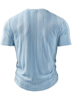 Men's Fashion Top, Spring/Summer Outdoor Casual Style, Pleated Textured Fabric V-Neck Short Sleeve Men's Henley Shirt - Sky Blue
