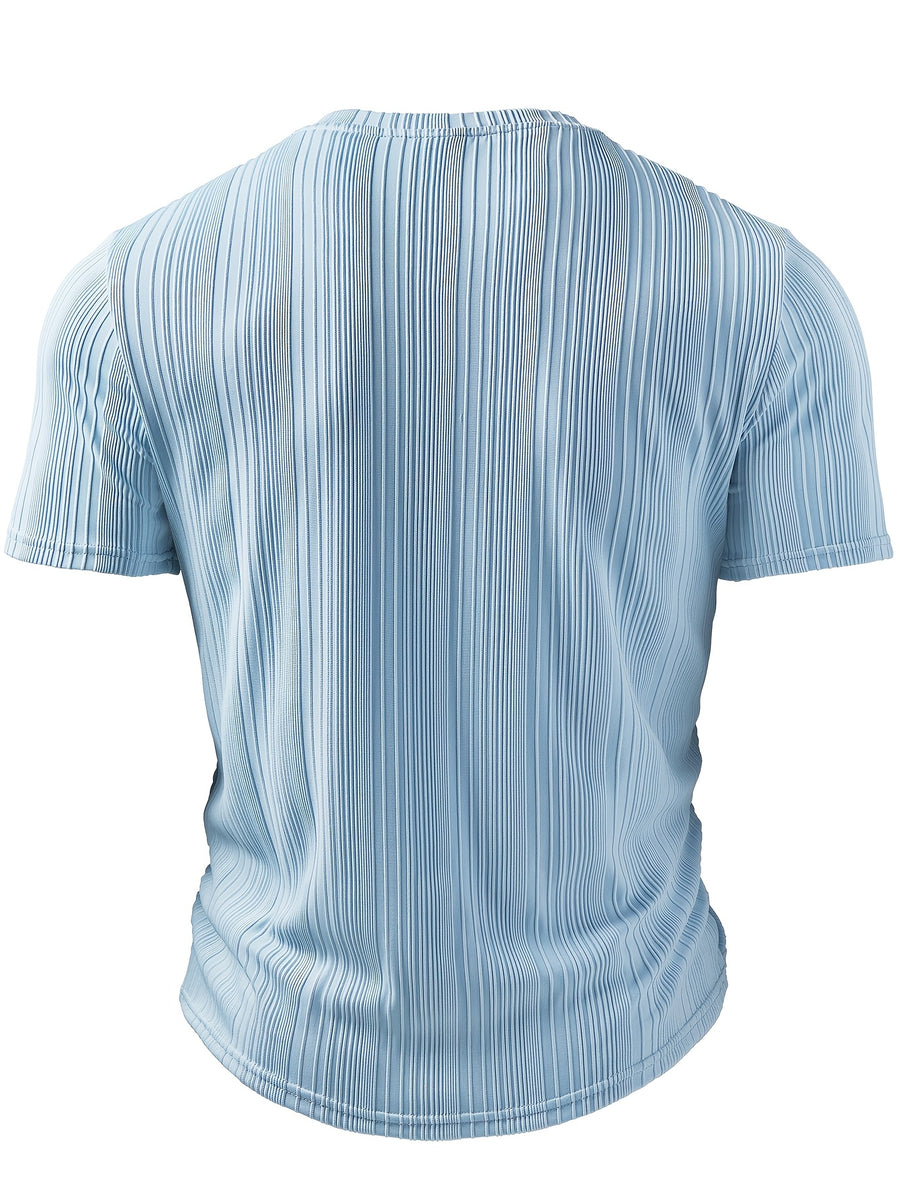 Men's Fashion Top, Spring/Summer Outdoor Casual Style, Pleated Textured Fabric V-Neck Short Sleeve Men's Henley Shirt - Sky Blue