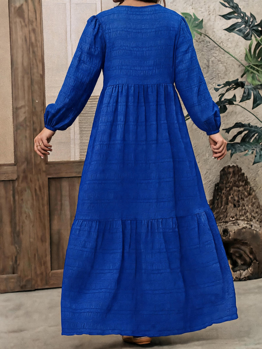 Plus Size, Plus Size Women's Solid Color Textured Long Sleeve Maxi Dress, V-Neck Puff Sleeve Waist-Cinching Layered Cake Dress, Loose Vacation Dress, Elegant Dress for Spring/Autumn/Winter - Royal Blue