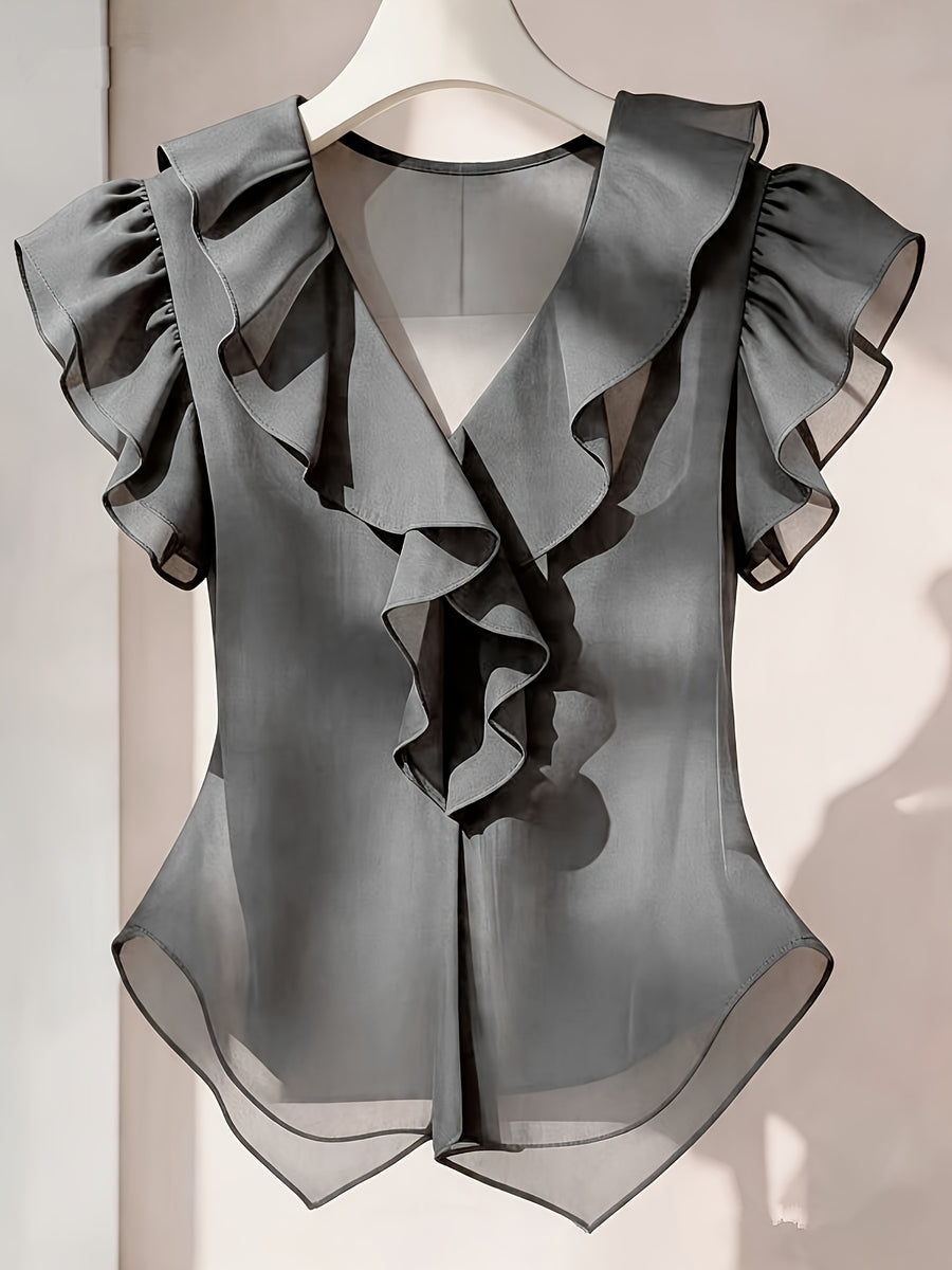 Summer French Solid Ruffled Fly Short Sleeve Shirt Chiffon Top Women'S - Grey