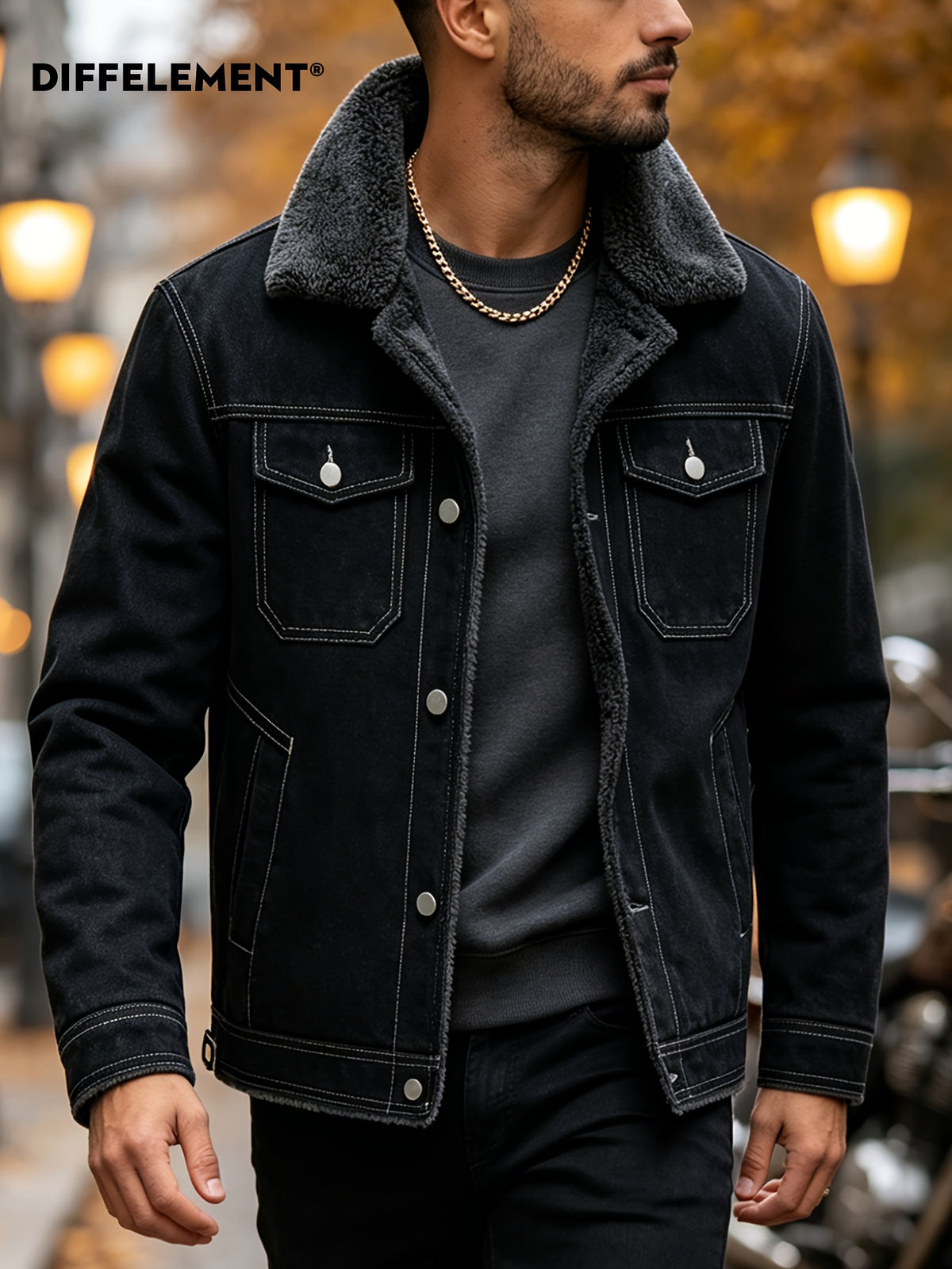 Men's Lapel Fleece-Lined Denim Jacket, Thickened for Locking in Heat and Cold Resistance, Washed and Wear-Resistant Denim Woven Fabric, Regular Vintage Workwear Fit, Autumn/Winter Streetwear, Motorcycle, Commuting, and Daily Wear, Full Lining - Black