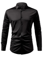 2pcs Set of Seamless Pressure Adhesive High-Elasticity Non-Iron Men'S Dress Shirt Long Sleeve Business Casual Formal Top, Material 88% Polyester 12% Spandex, Fabric Weight 160G, Casual - Black+black