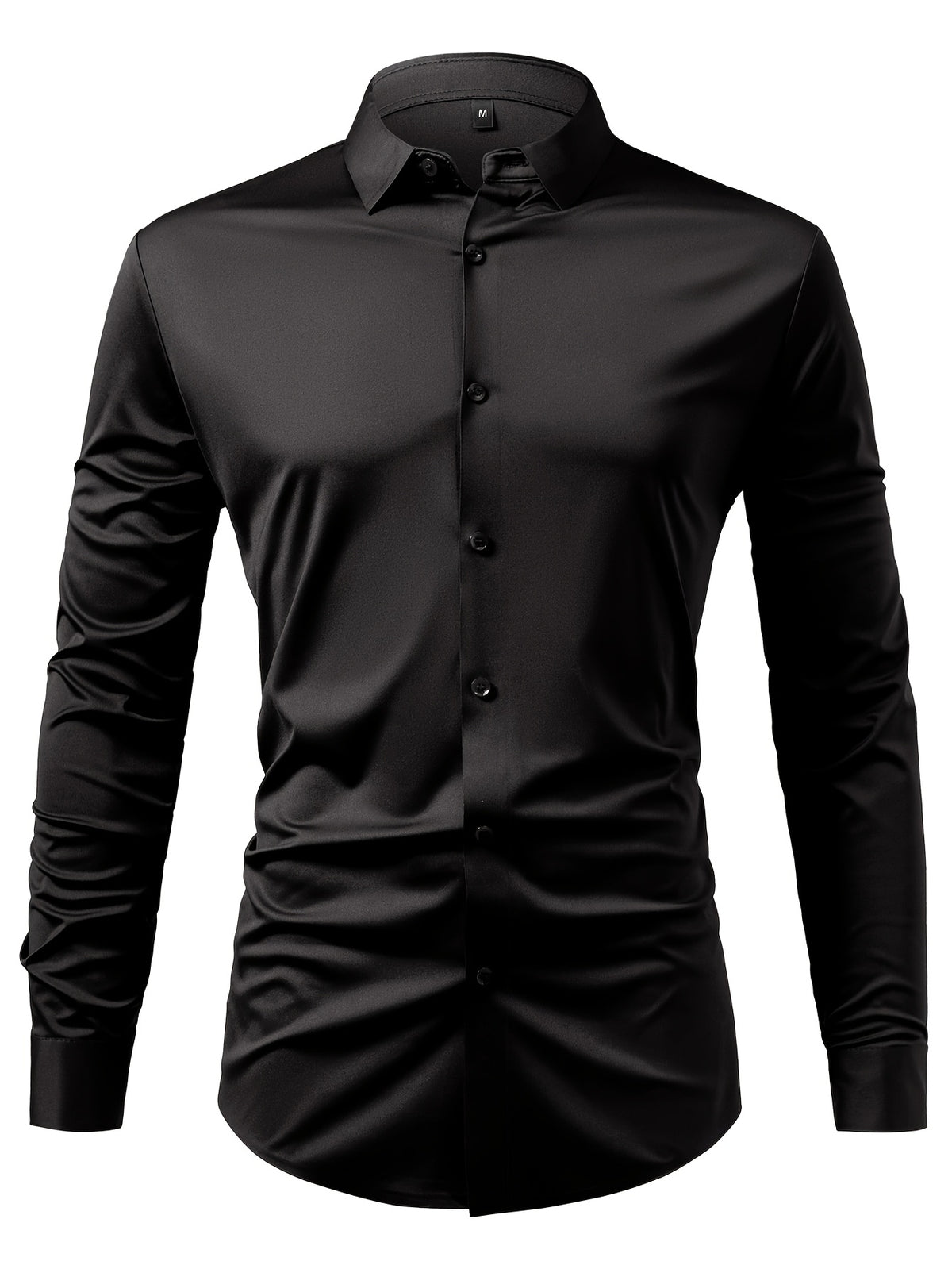 2pcs Set of Seamless Pressure Adhesive High-Elasticity Non-Iron Men'S Dress Shirt Long Sleeve Business Casual Formal Top, Material 88% Polyester 12% Spandex, Fabric Weight 160G, Casual - Black+black