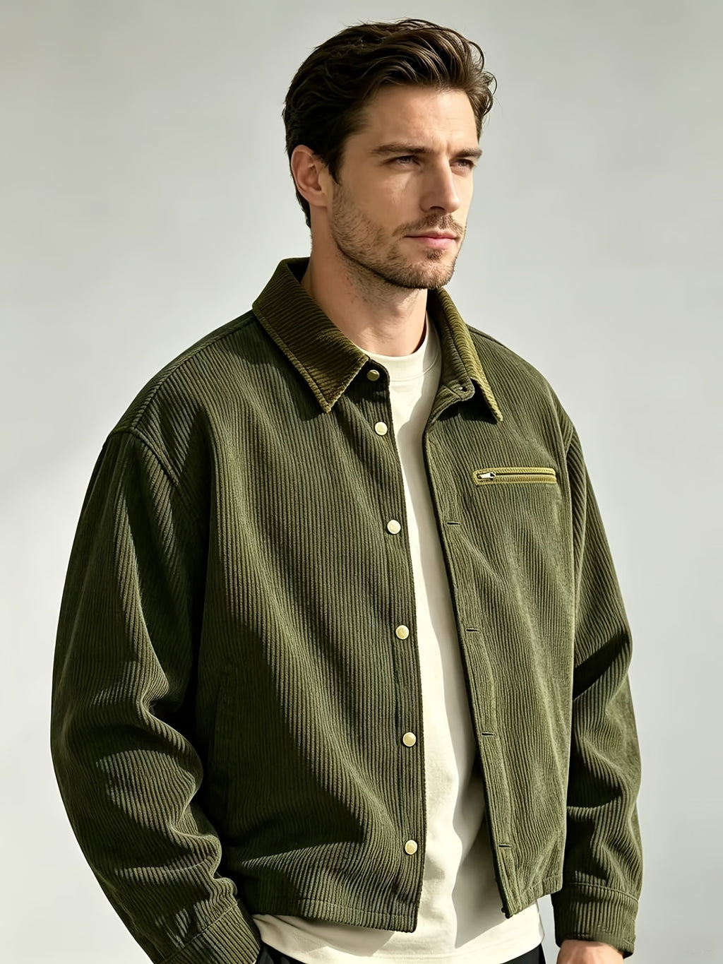 Men'S Corduroy Jacket, Autumn Winter Style Retro Workwear Trendy Versatile Coat, Casual All-Match Lapel Top, Solid Color Long Sleeve Jacket Men'S Clothing - Military Green
