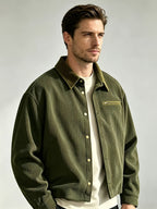 Men'S Corduroy Jacket, Autumn Winter Style Retro Workwear Trendy Versatile Coat, Casual All-Match Lapel Top, Solid Color Long Sleeve Jacket Men'S Clothing - Military Green