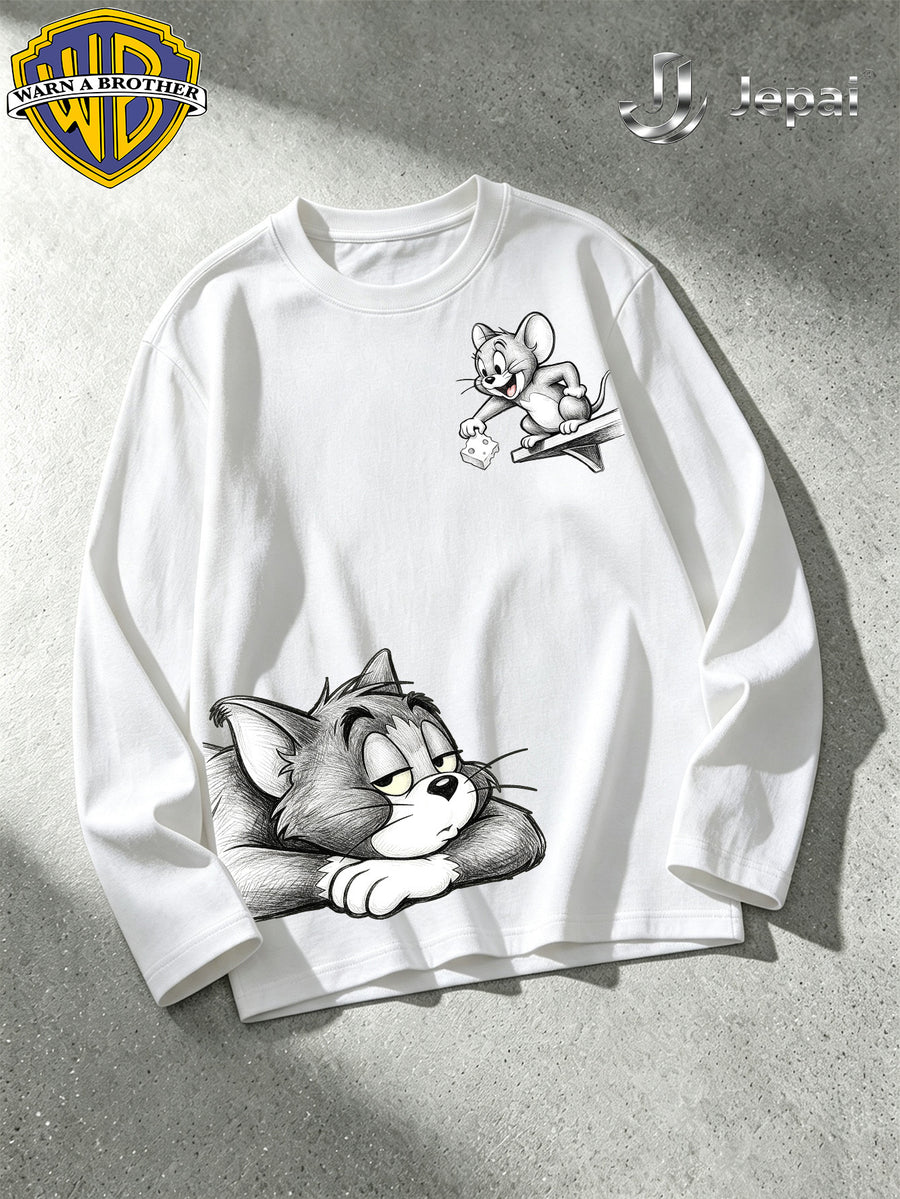 Warner Bros. Exclusive License, Men'S Hip-Hop Streetwear Classic Character Print Long Sleeve Shirt, Casual Apparel, Fashion Top, Suitable for Spring And Autumn Outdoor Activities - White