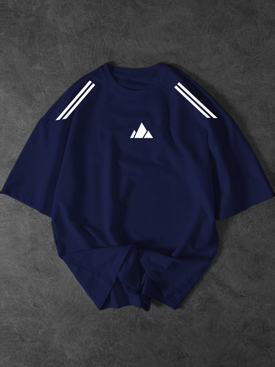 New Summer Men'S Round Neck Short Sleeve Geometric Graphic Print Design Regular Fit Comfortable Fabric Street Style Trendy Versatile Style Suitable for Sports And Daily Wear - Navy Color