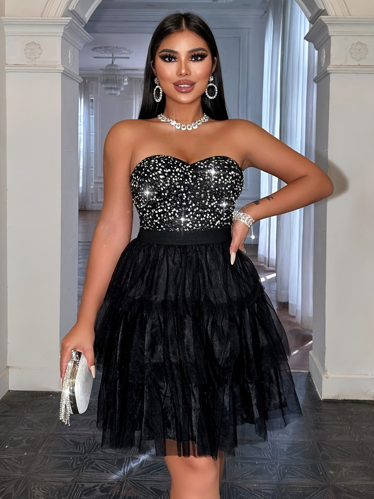 New Strapless Sequin Patchwork Women'S Short Dress Gorgeous Elegant Prom Dress Slim High Waist Women'S Short Dress Off-Shoulder Backless Evening Dress Autumn Women'S Clothing Wedding Dress Wedding Guest Outfit Travel Music Festival Formal Dinner Dre - Black