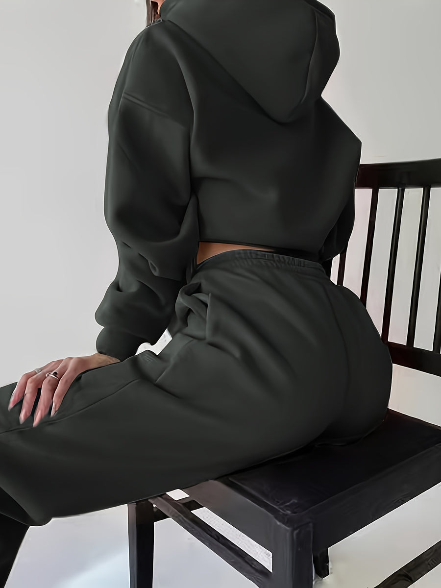 Women's Autumn/Winter New Hooded Sweatshirt Solid Color Set - Iron Gray