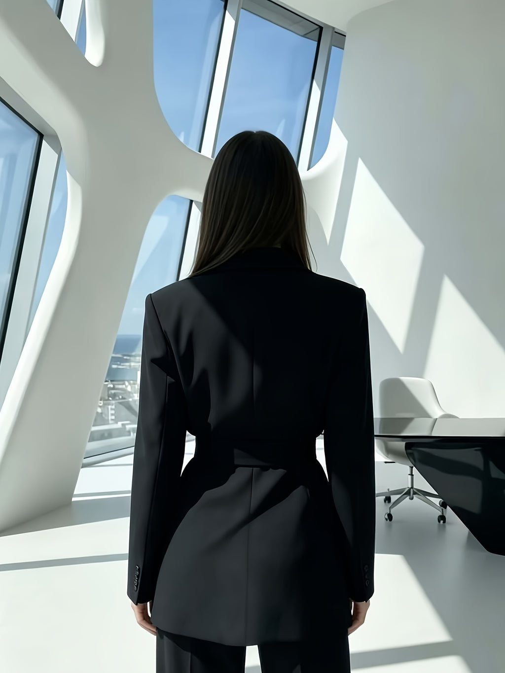 Women's Elegant and Fashionable Double-breasted Notch Lapel Casual Blazer with Detachable Waist Belt, Solid Color Long-sleeve Suit Jacket, Suitable for Daily and Office Commute Wear - Black