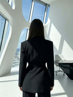 Women's Elegant and Fashionable Double-breasted Notch Lapel Casual Blazer with Detachable Waist Belt, Solid Color Long-sleeve Suit Jacket, Suitable for Daily and Office Commute Wear - Black