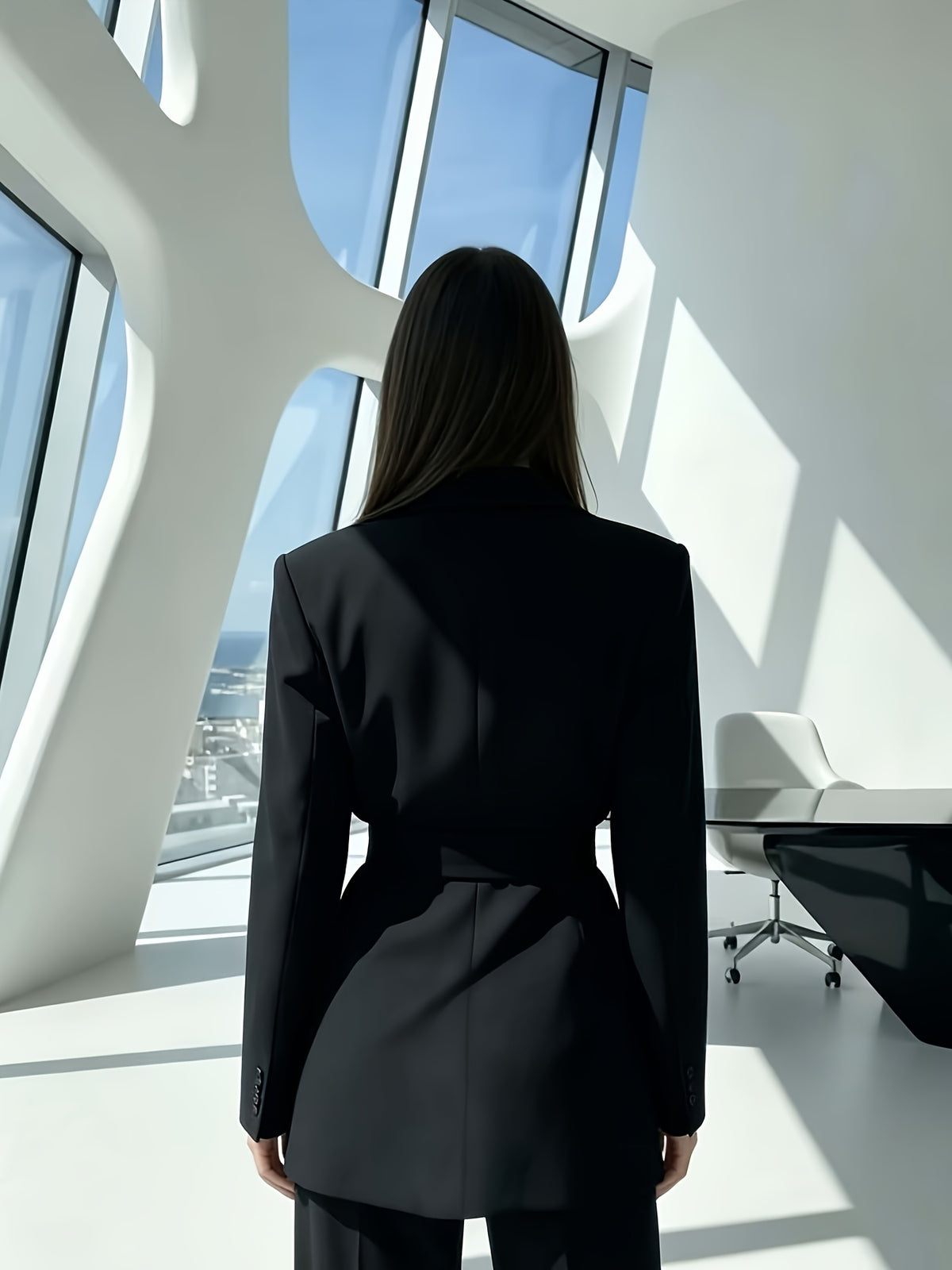 Women's Elegant and Fashionable Double-breasted Notch Lapel Casual Blazer with Detachable Waist Belt, Solid Color Long-sleeve Suit Jacket, Suitable for Daily and Office Commute Wear - Black