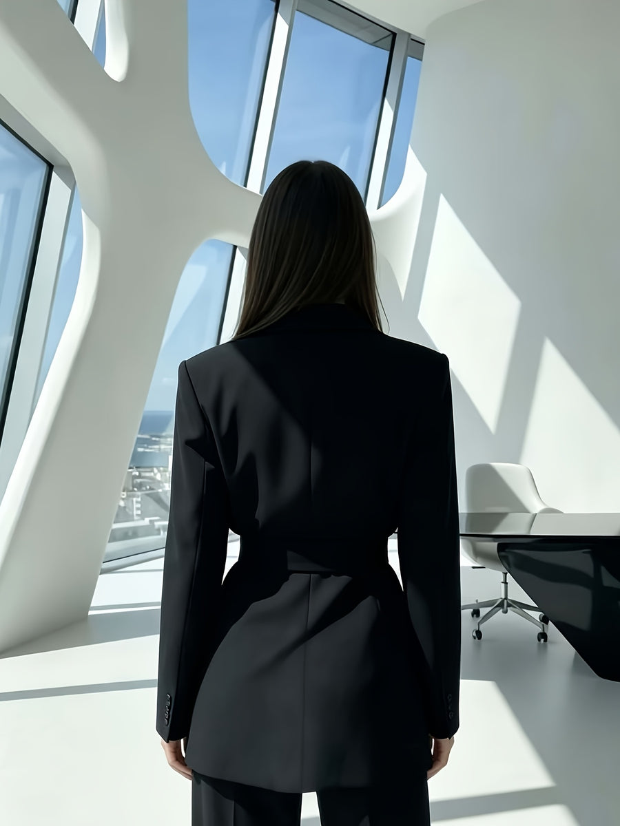 Women's Elegant and Fashionable Double-breasted Notch Lapel Casual Blazer with Detachable Waist Belt, Solid Color Long-sleeve Suit Jacket, Suitable for Daily and Office Commute Wear - Black