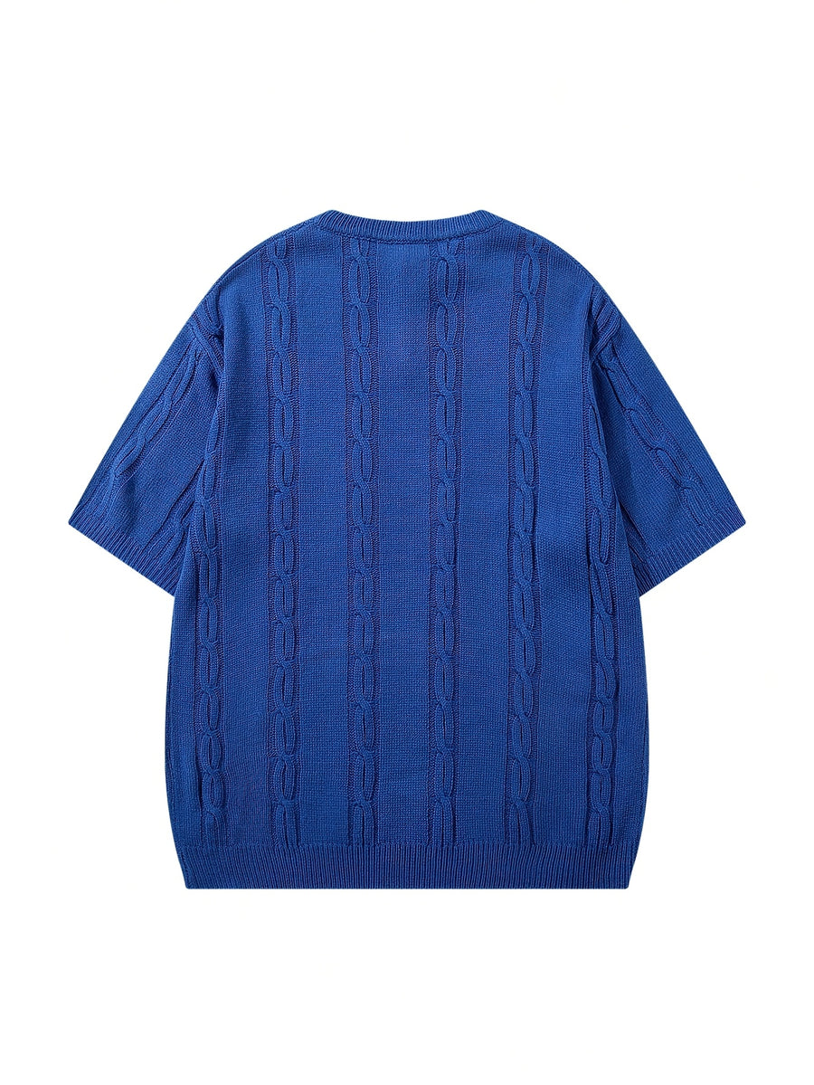 Spring Summer Men'S Unisex Casual Loose Easy Twisted Rope Pattern All-Match Business Commute Vacation Elegant Temperament Solid Color Round Neck Knit Top Button-Up Half-Open Placket Pullover Short Sleeve T-Shirt Knit Top Blue Sweater Back to School - Blue