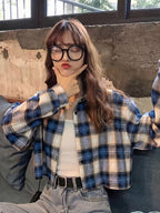 Short Sleeve Plaid Long Sleeve Casual Shirt for Women - Royal Blue Plaid