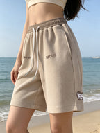 Women's Quick-Dry Summer Shorts Suitable for S & Beach - Wide-Leg Swim Shorts with Height, Straight-Leg & Embroidery, Machine Washable Casual Shorts for, Clothing, American High Street Style - Khaki