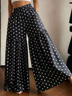 French Retro Polka Dot Wide-Leg Pants Women'S High-Waist Drapey Loose Flared Floor-Length Trousers - Black