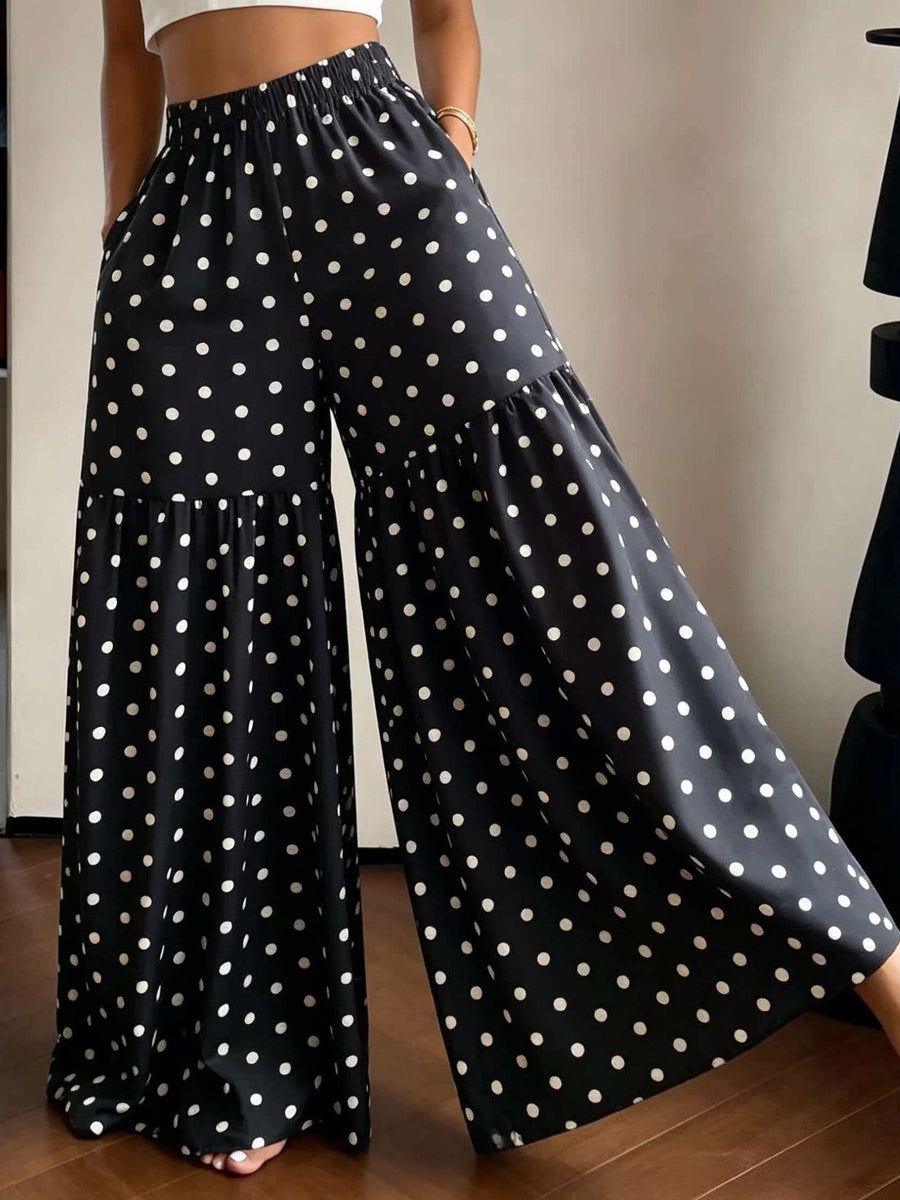 French Retro Polka Dot Wide-Leg Pants Women'S High-Waist Drapey Loose Flared Floor-Length Trousers - Black