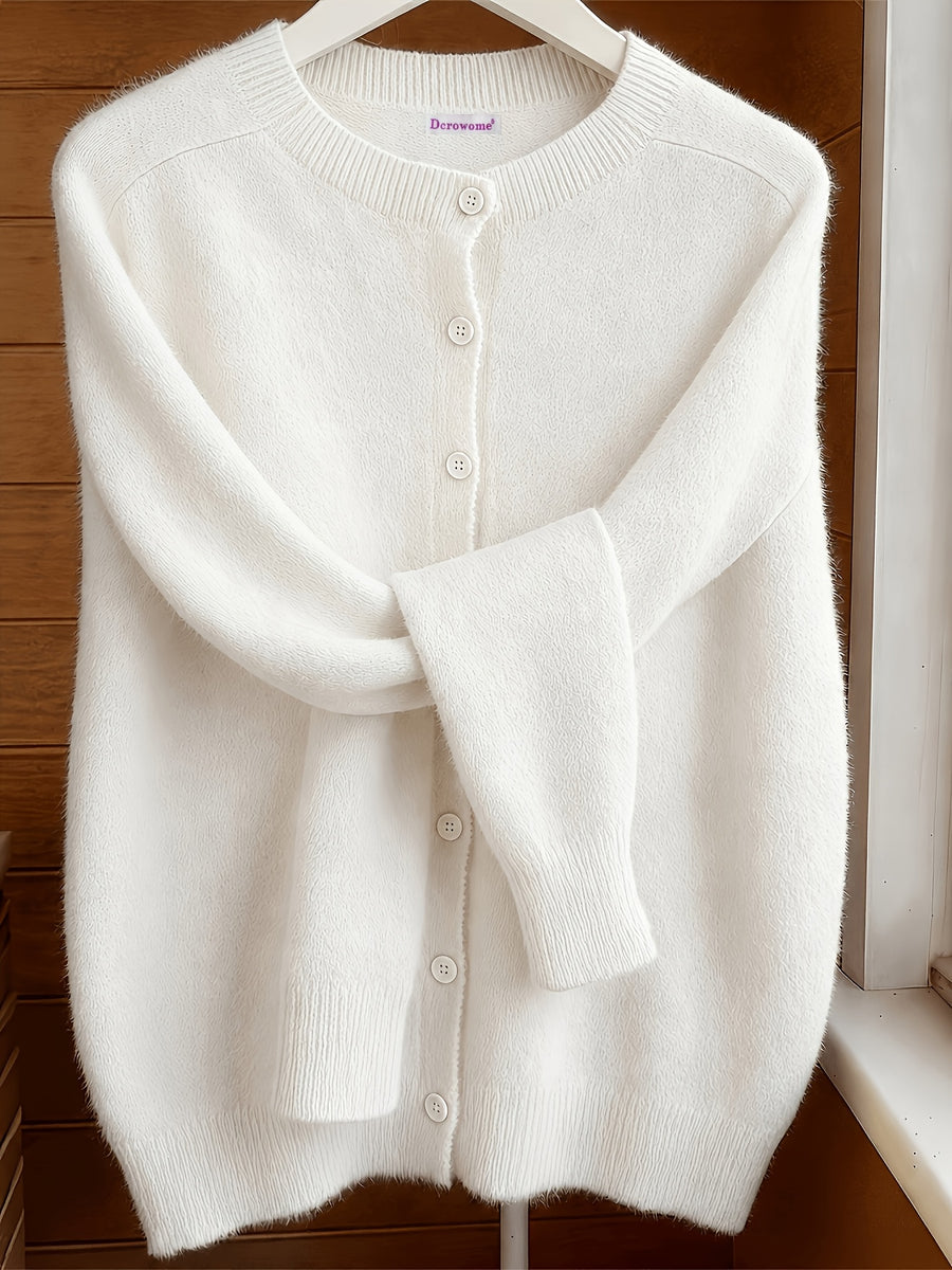 Spring Autumn Solid Color Round Neck Button Sweater Open Cardigan, Loose Casual Fashion Versatile Jacket, Soft Comfortable Elegant Women'S Top - White
