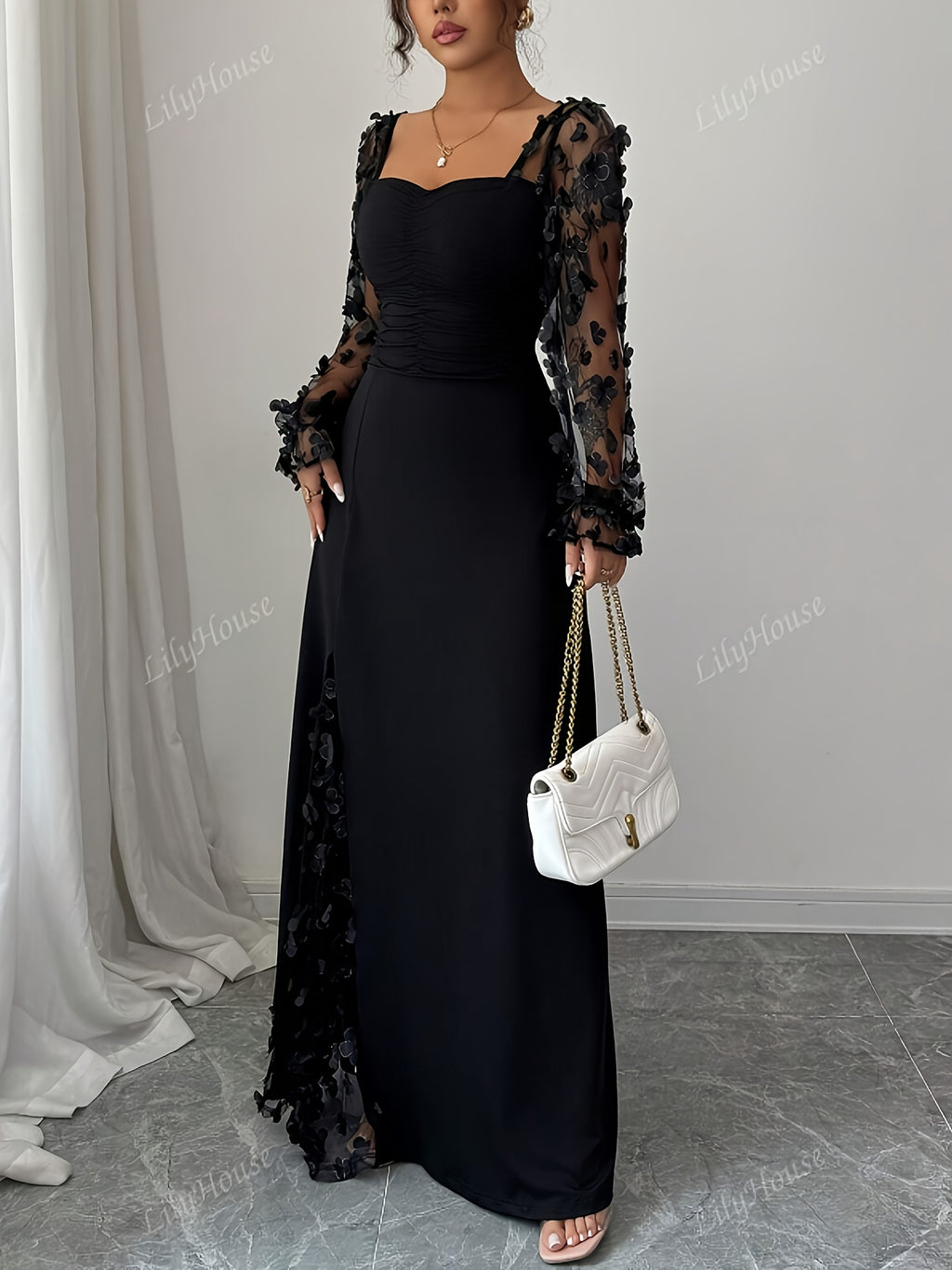 Women'S Elegant Exquisite Date Party Attire Square Neck Puffed Sleeve 3D Flower Tulle Paneled Tailored Waist-Cinched A-Line Split Fashionable Little Black Dress Evening Gown Long-Length Dress - Black