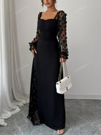 Women'S Elegant Exquisite Date Party Attire Square Neck Puffed Sleeve 3D Flower Tulle Paneled Tailored Waist-Cinched A-Line Split Fashionable Little Black Dress Evening Gown Long-Length Dress - Black