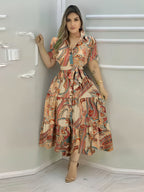Women's New Elegant Tie Shirt Dress - Casual Dress, Front Bow Detail, Boho Style, Paisley Print, Spring & Summer Vacation - Mixed colors