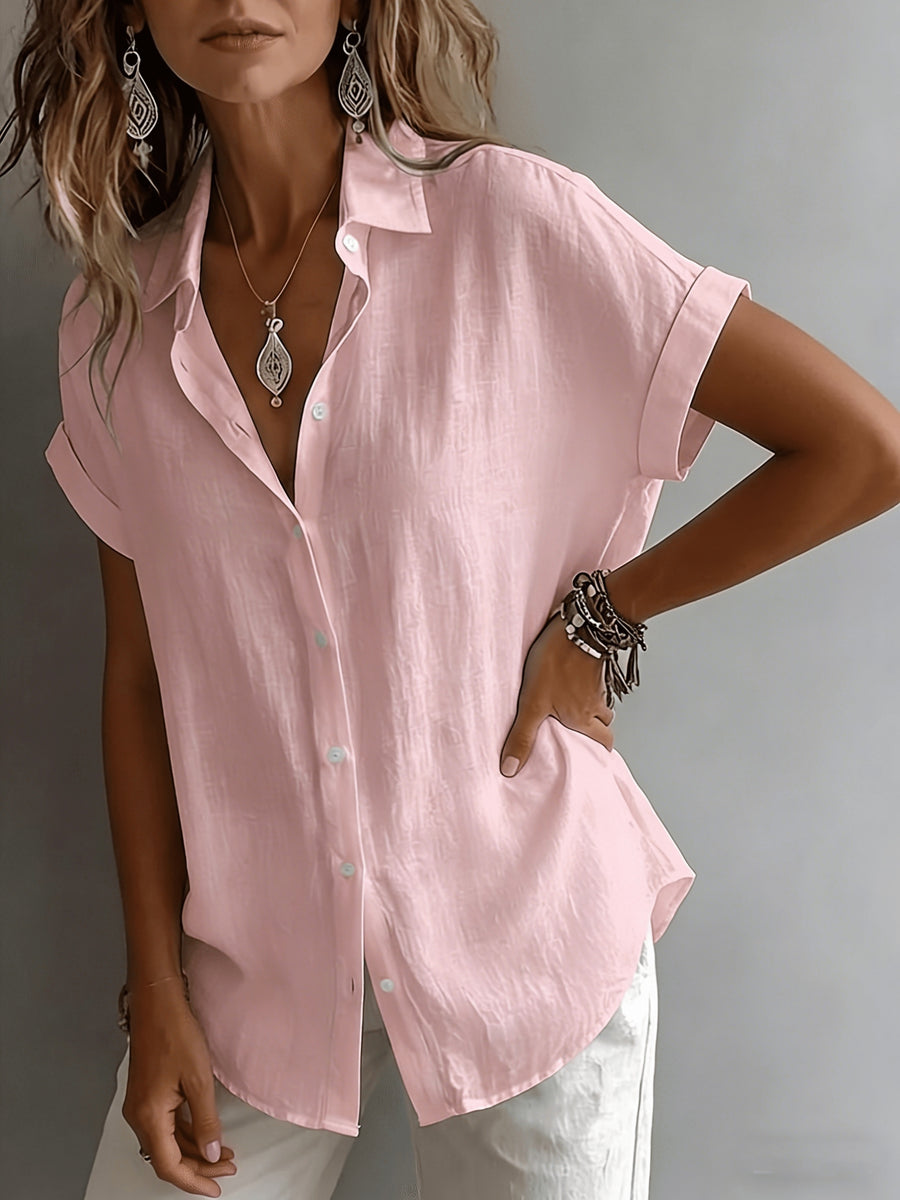 Women's Relaxed Holiday Style Micro-Wrinkle Textured Lapel Short-Sleeve Shirt, Loose Open Front Single-Breasted Drop Shoulder Fit, Casual Rolled Hem Short Sleeve V-Neck Open-Wear Design, Natural Breathable Dry Skin-Friendly Textured Fabric - Pink Color