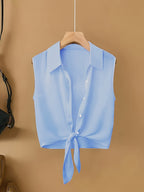 Women's New Spring/Summer Elegant French-Style Minimalist Lapel Sleeveless Shirt, Single-Breasted with Hem Tie Design, Lightweight, Breathable, and Slim-Fitting, a Summer Top Suitable for Women in Spring and Summer, Casual Style Women's Top - Light Blue