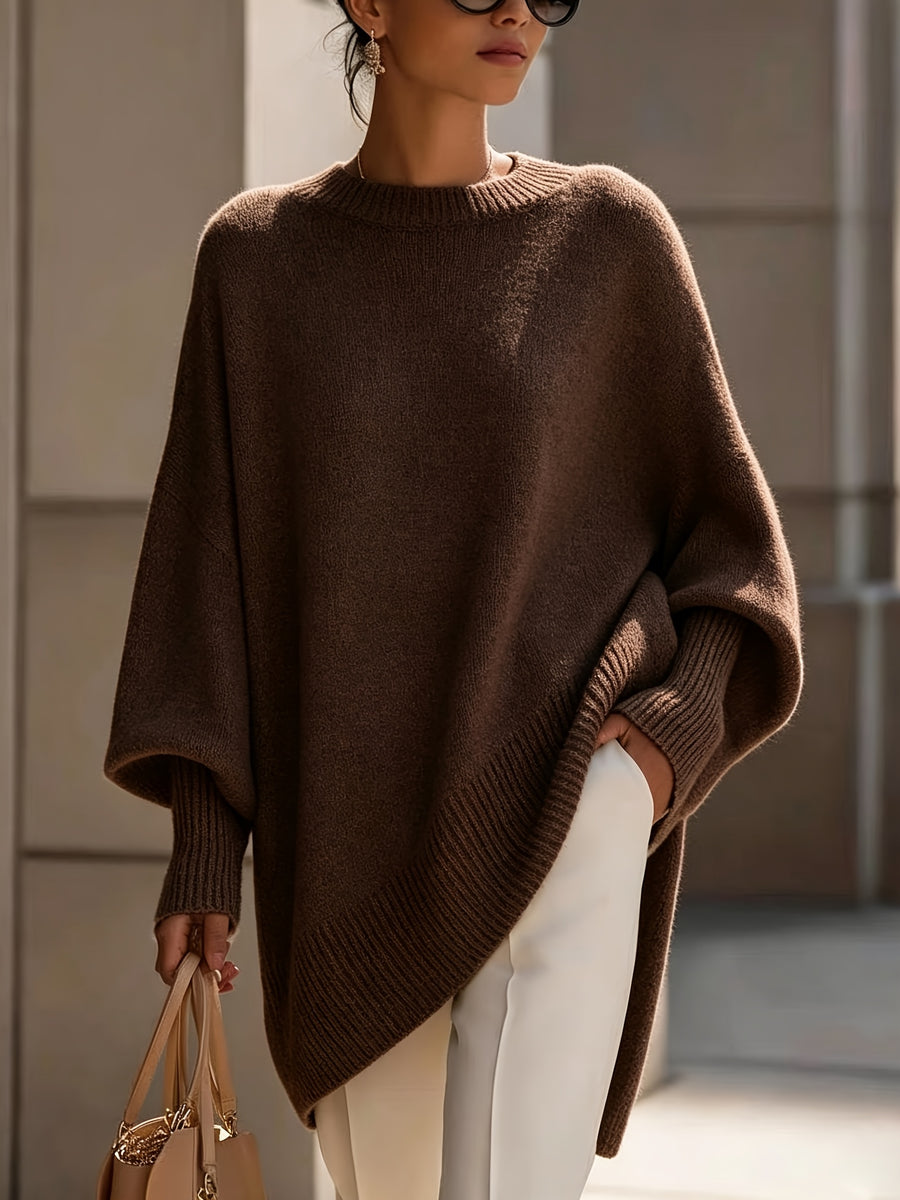 French-style Relaxed Silhouette Top, Irregular Slanted Hem Loose Lantern Sleeve Sweater, Gentle and Elegant Loose Fit That Is, Urban Casual Style - Coffee Color