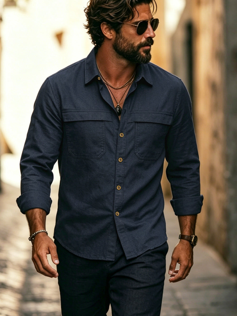 Men'S Precision Business Casual Long Sleeve Shirt, Workwear Style Top, Thick Oxford Fabric, Breathable And Durable, Mature Business Men'S Outdoor Casual, Daily Workwear, Old Money Style Shirt Top - Navy Color