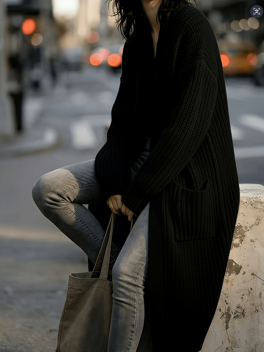 Women'S Solid Color Cardigan Sweater, Casual Long Sleeve Open Front Cardigan - Black