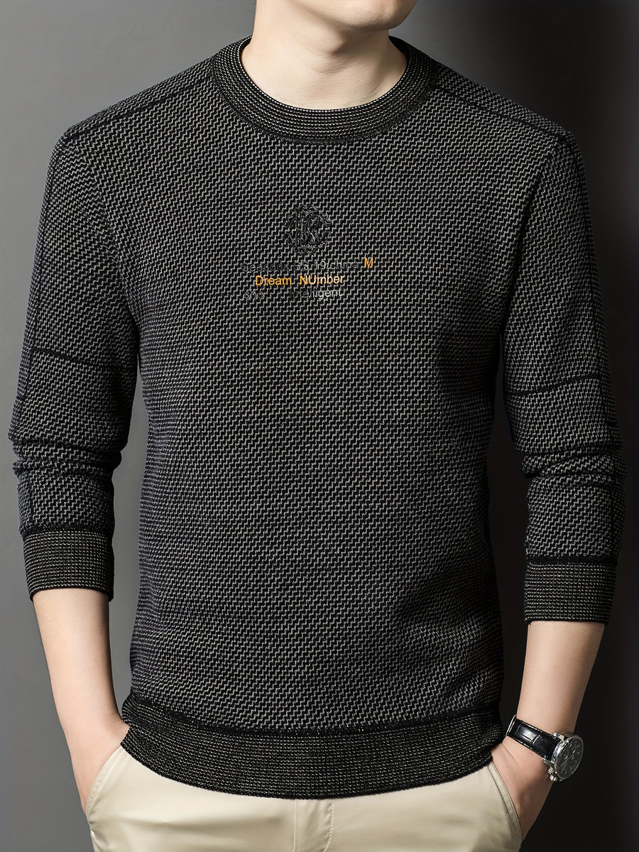 New Winter Men's Sweater, Crew Neck, Thickened and Warm, Men's Winter Clothing, Fashionable, Casual, and Comfortable Pullover Knitwear, Men's Winter -Lined Sweater, Men's Apparel with Letter Chest Logo, Winter Gift for Men - Black