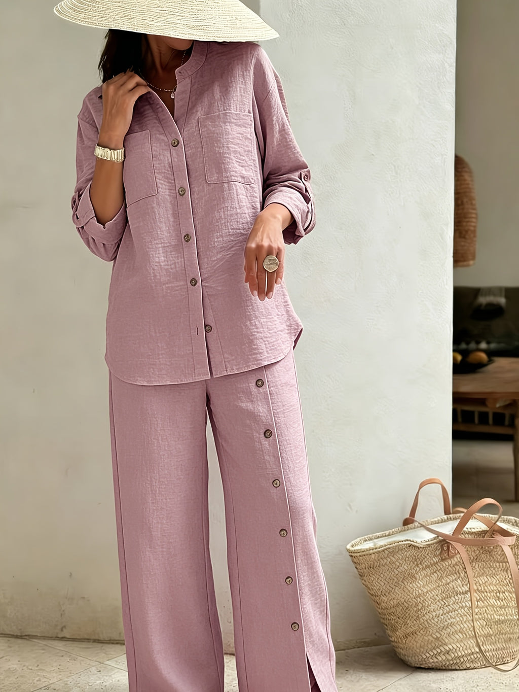 Spring/Summer Loose-Fit Shirt and Wide-Leg Pants 2pcs Set for Women, with Lace Cut-Out Back Design, a Lazy, Casual, and Commuter-Friendly Temperament Set 2A11794 - Pink Color