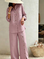 Spring/Summer Loose-Fit Shirt and Wide-Leg Pants 2pcs Set for Women, with Lace Cut-Out Back Design, a Lazy, Casual, and Commuter-Friendly Temperament Set 2A11794 - Pink Color