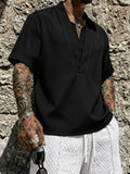Men's V-neck Short-Sleeve Shirt, Casual Loose Fit Top, Fashionable Street Style Summer Daily Wear T-shirt - Black