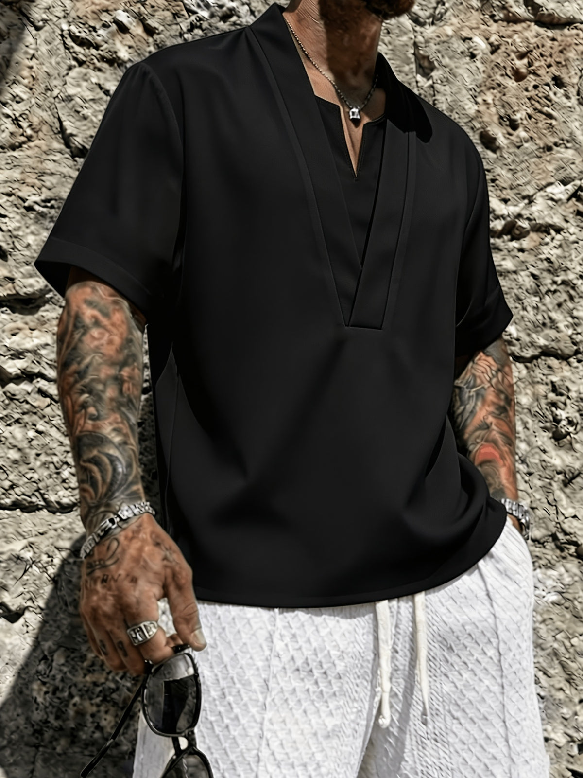 Men's V-neck Short-Sleeve Shirt, Casual Loose Fit Top, Fashionable Street Style Summer Daily Wear T-shirt - Black