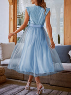 Women's Spring-Summer New Contrast Lace Mesh Spliced Long Sleeveless Elegant Dress - Sky Blue