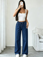Thickened Women's High-Waist Non-Stretch Wide-Leg Jeans with Elastic Waistband and Adjustable Drawstring, Shileng Stone-Washed Classic Blue, True-Leg Long Pants for Daily and Formal Wear, Four-Season Elegant Trousers, Wardrobe Essential - Medium Blue