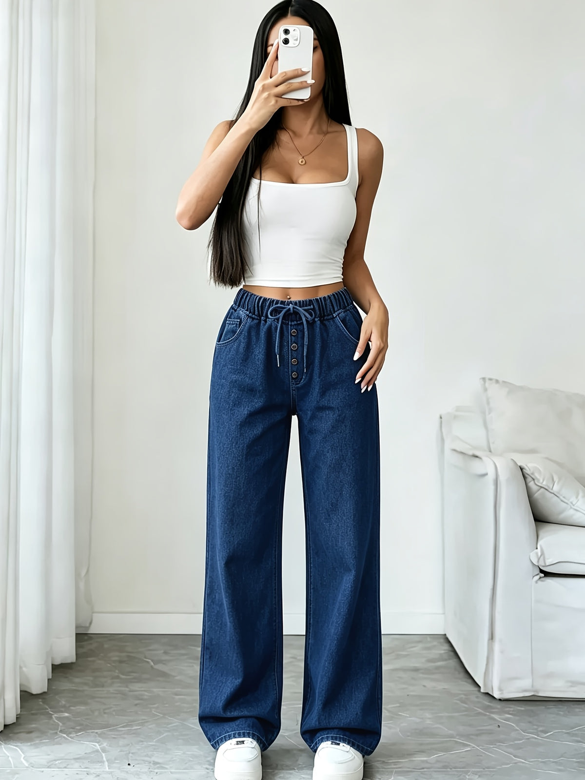 Thickened Women's High-Waist Non-Stretch Wide-Leg Jeans with Elastic Waistband and Adjustable Drawstring, Shileng Stone-Washed Classic Blue, True-Leg Long Pants for Daily and Formal Wear, Four-Season Elegant Trousers, Wardrobe Essential - Medium Blue