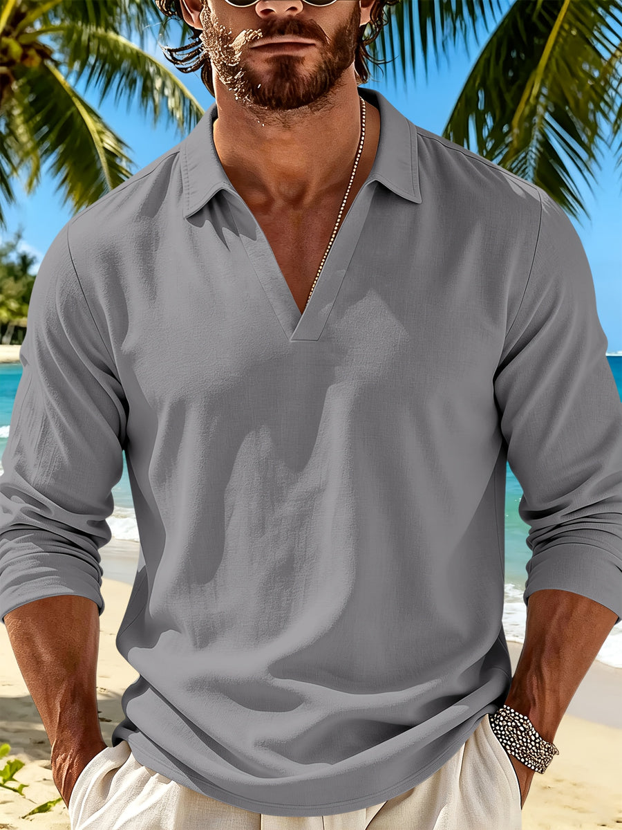 Men's Casual Shirt Outdoor Wear Easy And Comfortable V-neck Design Lapel Autumn Long-sleeved Commuting Men's Top - Grey