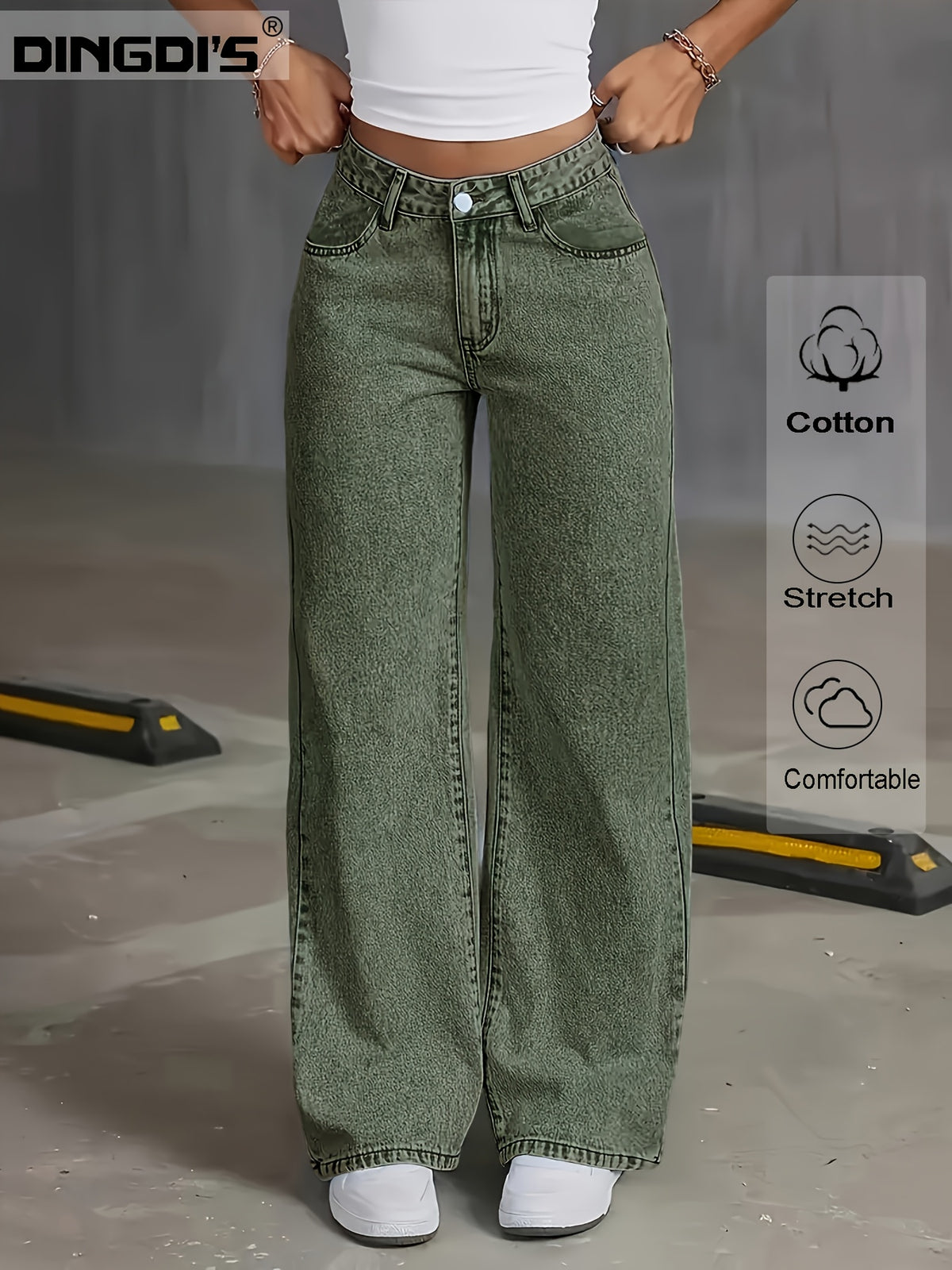 New Women's Stretch Wide-Leg Jeans, Loose Straight-Leg Denim Pants, Acid-Washed Denim Fabric Trousers with Pockets, Comfortable Green Waist-Defining Pants - Green