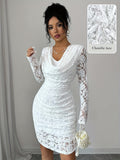 Women's Elegant Slim-Fit Mini Dress with Ruffled Collar, Ruffle Hem, and Corded Lace, Evening Gown, Bridesmaid Dress - Ivory White