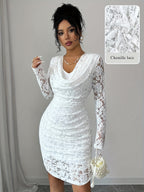 Women's Elegant Slim-Fit Mini Dress with Ruffled Collar, Ruffle Hem, and Corded Lace, Evening Gown, Bridesmaid Dress - Ivory White
