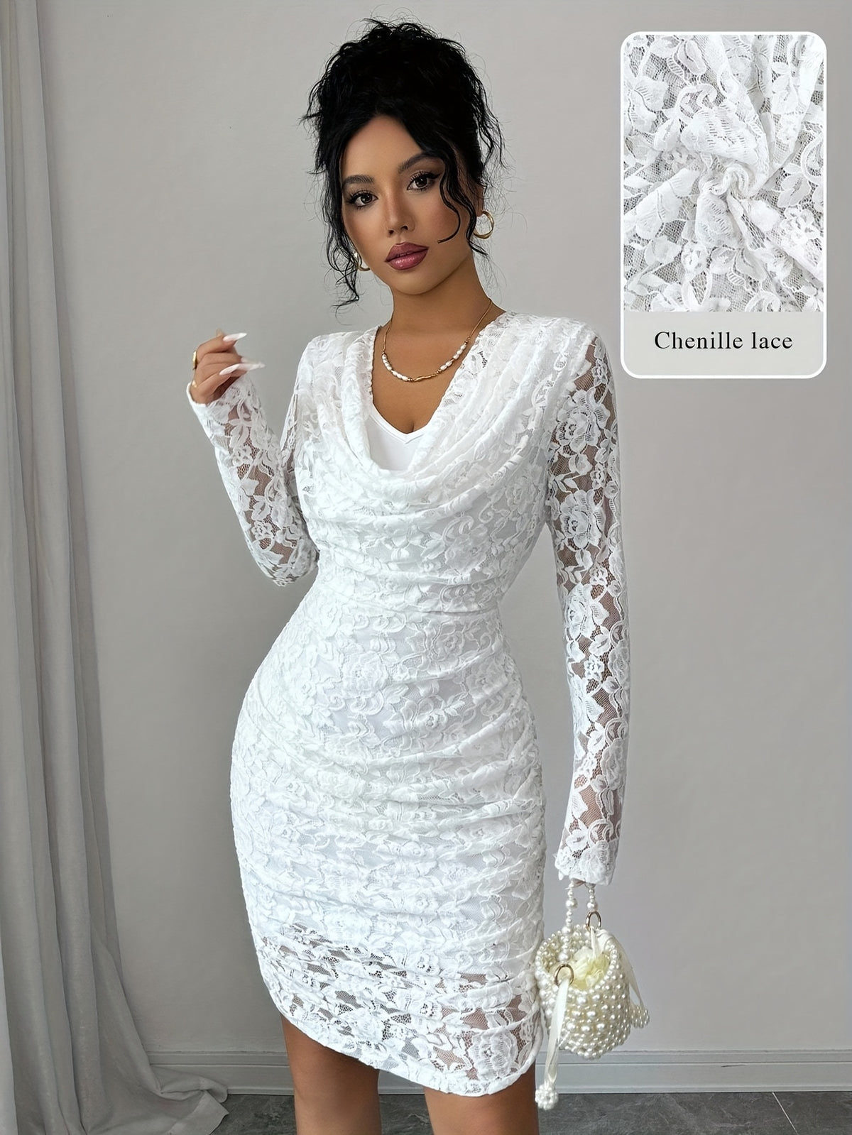 Women's Elegant Slim-Fit Mini Dress with Ruffled Collar, Ruffle Hem, and Corded Lace, Evening Gown, Bridesmaid Dress - Ivory White
