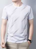 Men's Breathable Mesh Short Sleeve T-Shirt - Lightweight Non-Stick Summer Shirt Suitable for Business Casual & Casual Attire, Round Neck Striped Style (No Belt) for Office, Travel, Layering - Non- Round Neck - White