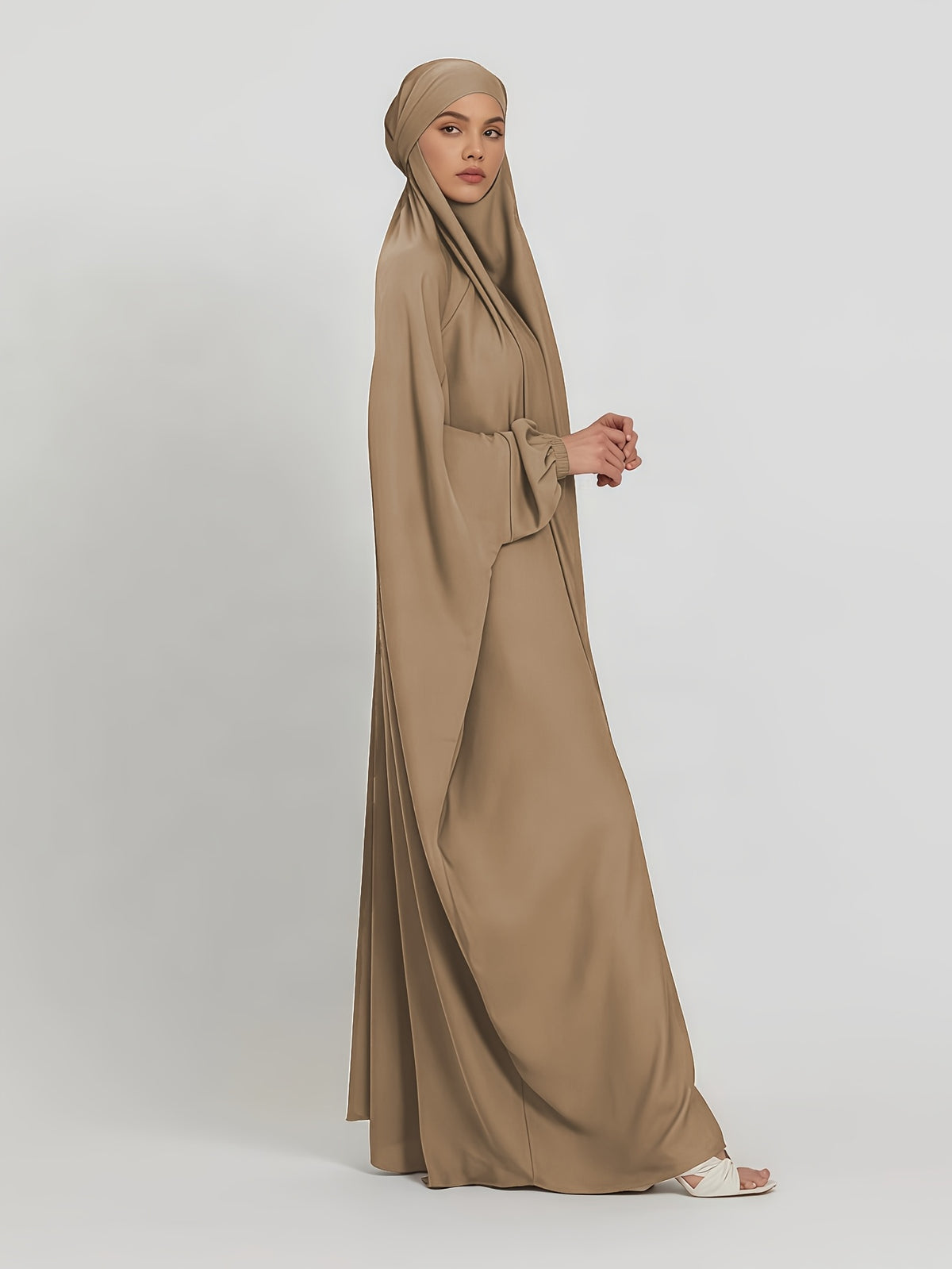 1pc Jilbab, 1pc Khimar with a Rich Drape, Cuffed Sleeves, and a Loose Fit, Suitable for Busy Daily Wear or Worship - Khaki