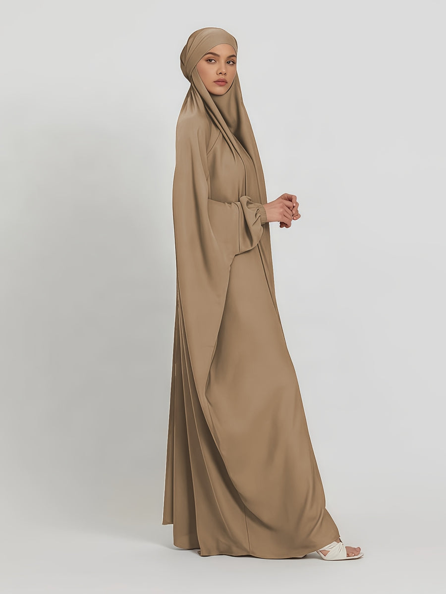1pc Jilbab, 1pc Khimar with a Rich Drape, Cuffed Sleeves, and a Loose Fit, Suitable for Busy Daily Wear or Worship - Khaki