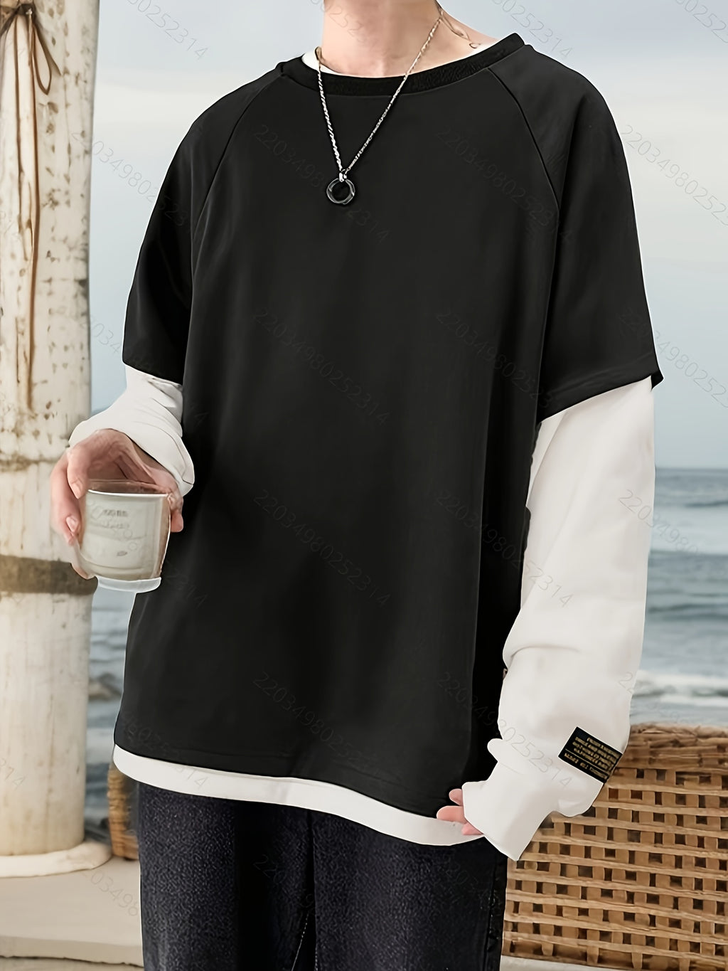 Round Neck 2-in-1 Look Sweatshirt Men's Spring/Autumn New Loose Fit Versatile Casual Long Sleeve Color Block T-Shirt Top - Black