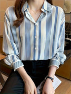 Fashion Casual Vacation Striped Daily Commute Printed Button-Up Long Sleeve Shirt Women'S Clothing - Blue