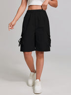 Women'S American-Style Quick-Dry Cargo Pants with Large Pockets, High-Waisted, Casual Straight-Leg, Knee-Length Shorts with Elastic Waistband, Machine Washable - Black